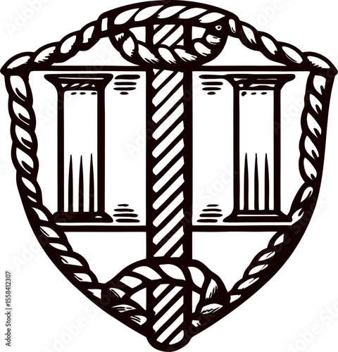 Vintage engraved heraldic shield with twin columns and rope border emblem illustration