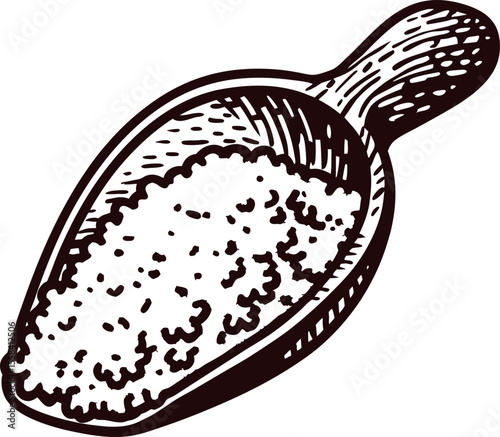 Hand drawn illustration of a wooden scoop filled with coarse salt grains, vintage engraved
