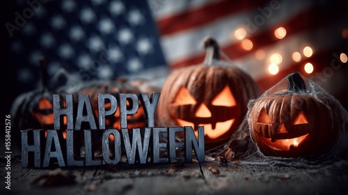 Retro Halloween news studio with a US flag, vintage pumpkins, cobwebs, and a spooky white bokeh effect