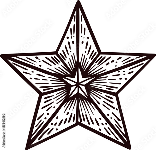 Hand drawn five pointed star with vintage etched engraving lines and bold contour isolated on white