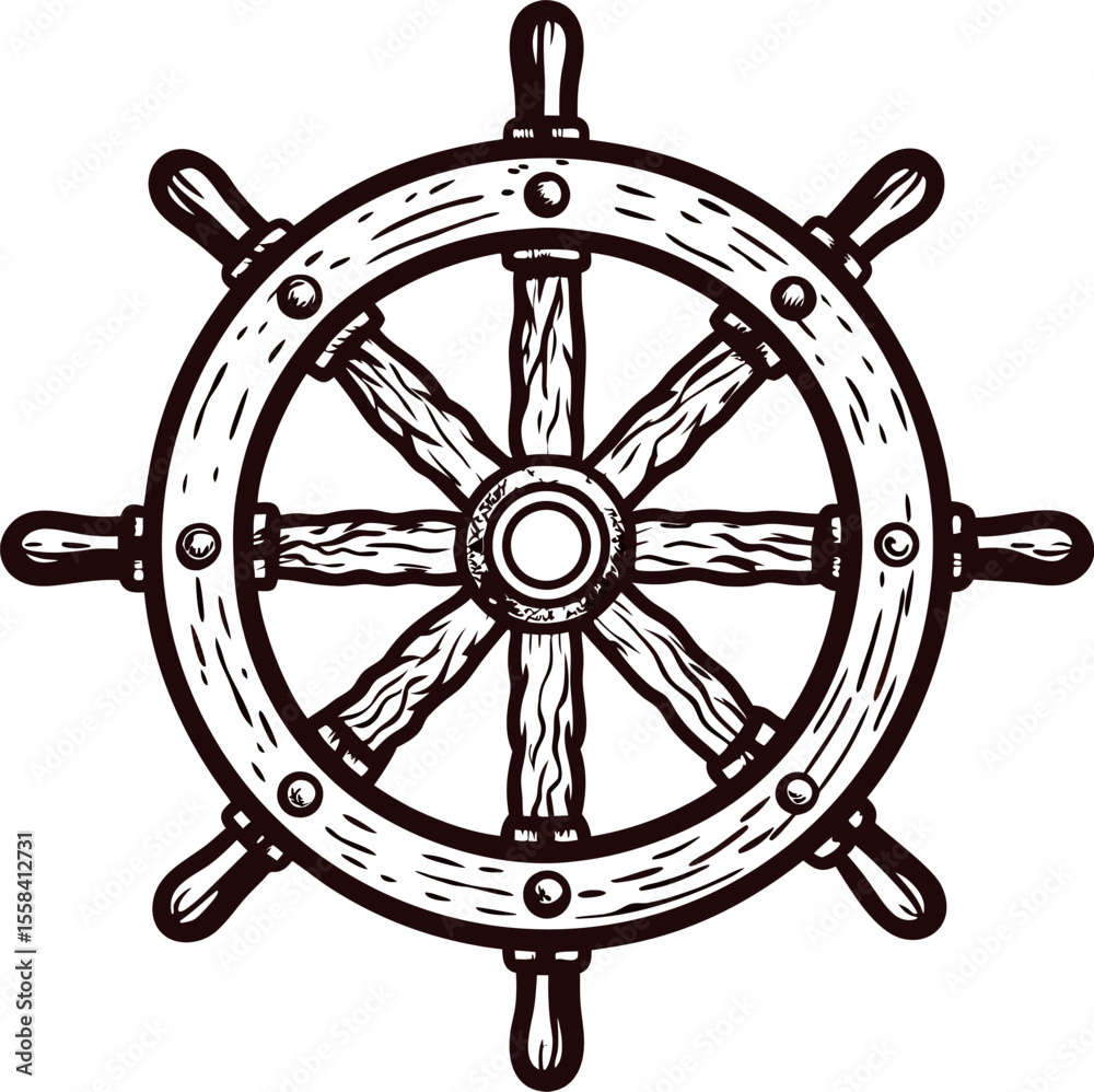 Hand drawn vintage ship wheel illustration with nautical maritime design isolated on white background