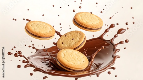 Delicious chocolate sandwich cookies floating in a sweet splashing of fresh melted chocolate.