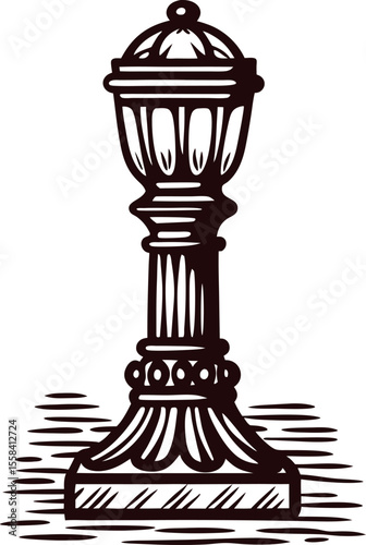 Vintage hand drawn ornate chess bishop piece with detailed engraving on white background illustration