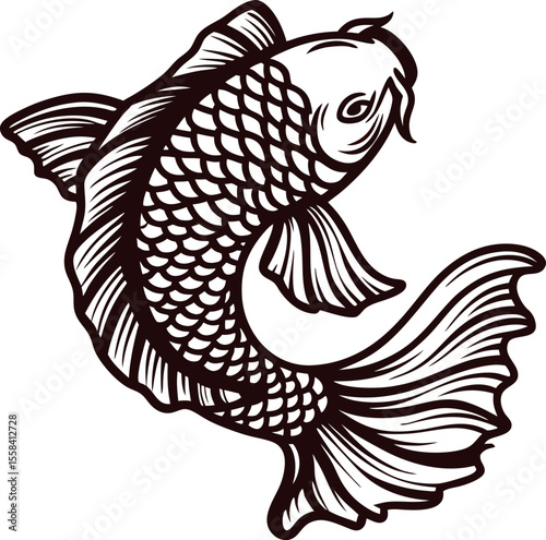 Detailed black and white koi fish illustration with flowing fins and scales isolated on a white background