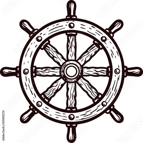 Hand drawn vintage ship wheel illustration with nautical maritime design isolated on white background