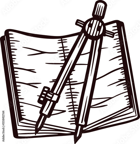 vintage illustration of an open sketchbook with a drawing compass on blank pages