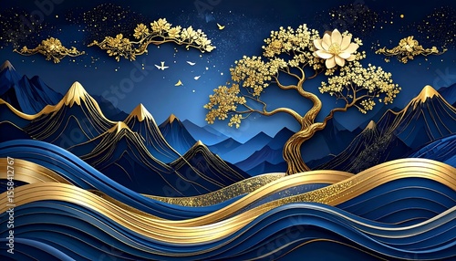 Fototapeta Naklejka Na Ścianę i Meble -  Golden tree, night mountains, blue waves
