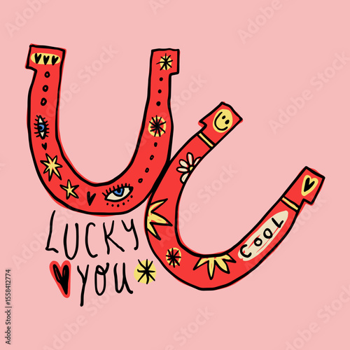 Cowgirl western art groovy boho hippie coquette aesthetic. Horseshoe with Lucky text lettering. Hand drawn line coloring art vector illustration clipart. Bohemian postmodern funky psychedelic style