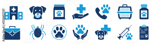 Veterinary vector flat black icon set. Pet health care.
