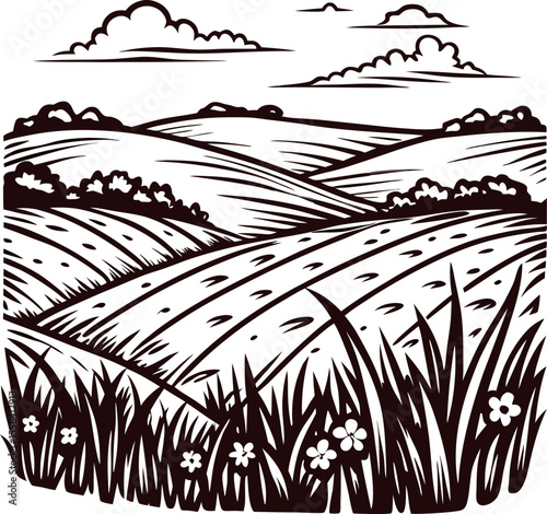 Scenic countryside landscape with rolling hills, wildflowers, fields, distant trees, and clouds in vintage engraved