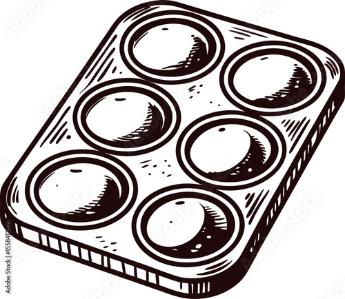 Hand drawn vintage muffin tray illustration with six round cups isolated on white background