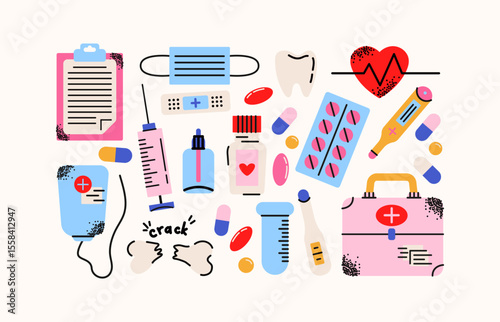 Medical healthcare sticker set. Cartoon doodle icons of pills, syringes, thermometers, masks, dropper bottles, bones, and other cute medical elements. Retro colorful vector collection for pharmacy, ho