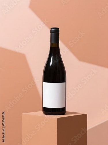 Dark Wine Bottle Mockup: With Blank Label on a Peach Pedestal, Illuminated by Artistic Shadows. Ideal for Branding and Product Showcase.