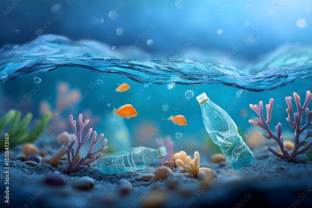 Naklejka premium Underwater scene plastic bottles on the seabed surrounded by coral pebbles and swimming orange fish