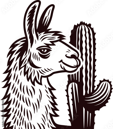 Hand drawn llama with cactus in vintage engraved on white background
