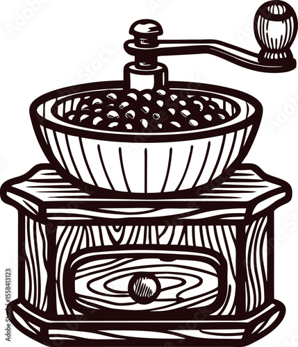 Vintage hand drawn coffee grinder with wooden drawer and handle in black and white engraving illustration