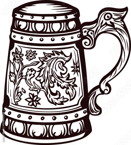 Vintage engraved beer stein with ornate floral detail and medieval decorative handle illustration