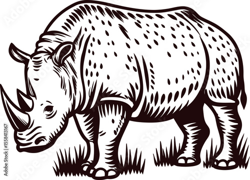 Detailed hand drawn illustration of grazing rhinoceros with textured skin and horn in black and white vintage