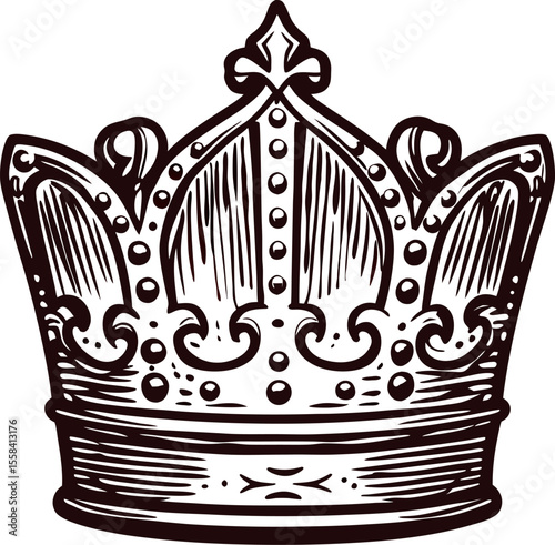 Vintage engraved illustration of royal crown with jewels and intricate details isolated on white background