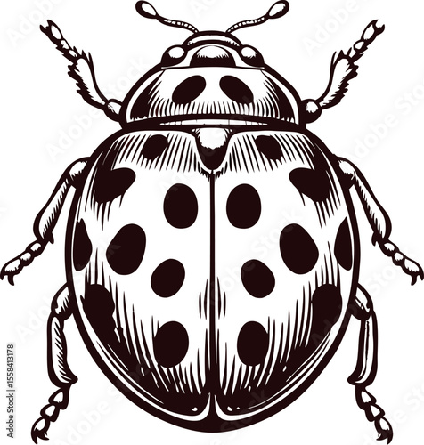 Detailed vintage engraving of a ladybug beetle with spotted wings isolated on white background
