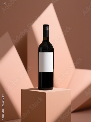 Sophisticated Wine Bottle Mockup: Dark Bottle with Blank Label on Peach Pedestal, Illuminated by Striking Shadows on Geometric Background.