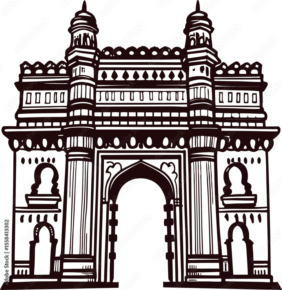Obraz premium Hand drawn historical arch monument with intricate details and symmetric arched entrance on white background
