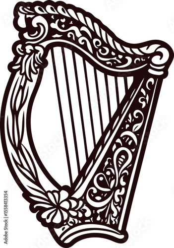 Vintage engraved drawing of ornate celtic harp with decorative floral design