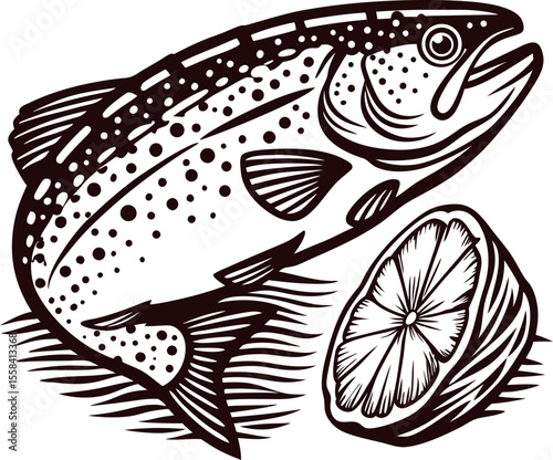 Vintage engraved drawing of a fresh trout fish with lemon slice, hand drawn illustration