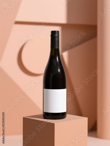 Elegant Wine Bottle Mockup: Dark Bottle with Blank White Label on Peach Pedestal, against Geometric Shapes. Perfect for Branding.