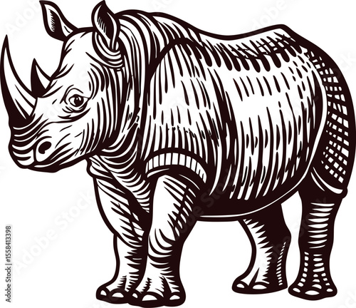 Detailed hand drawn rhinoceros illustration in vintage engraved with bold lines and textured shading