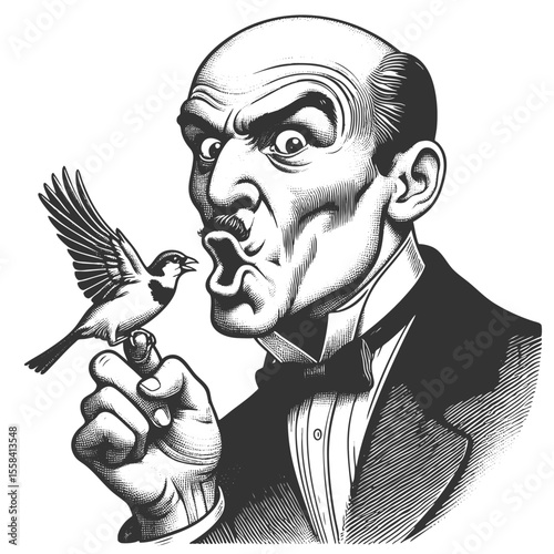 bald man making a whistling face at a bird perched on his finger in comic style sketch engraving generative ai fictional character vector illustration. Scratch board imitation. Black and white image.