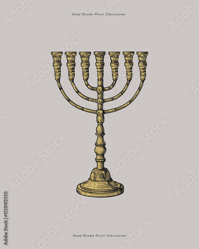 The Menorah is the symbol of Hanukkah. Jewish sacred candlestick. Traditional sign of the Jewish faith. Vector illustration in engraving style.