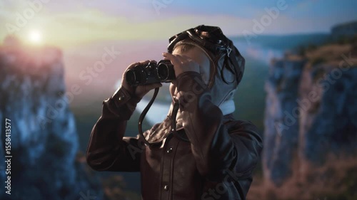 Curious young adventurer dressed as a pilot scans the horizon with binoculars against a dramatic natural backdrop.