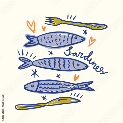 Whimsical Sardines Colorful Seafood Illustration Vector Clipart Positive Vibe For T Shirt Print, Poster, Sticker And Other Uses 