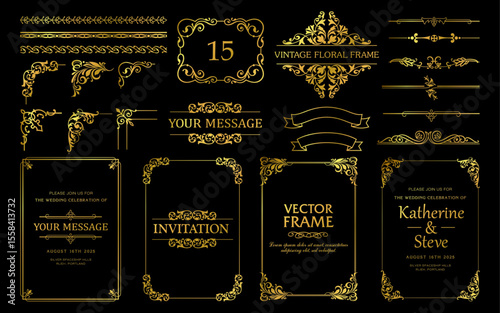 Design gold elements set, decorative flourish border corner and frame collection for invitation, menu and page decoration