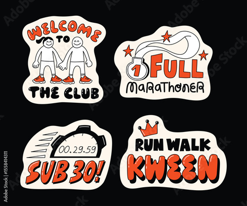 A collection of fun, motivational running-themed stickers with hand-drawn style, dynamic typography, and energetic characters, ideal for active lifestyle visuals.
