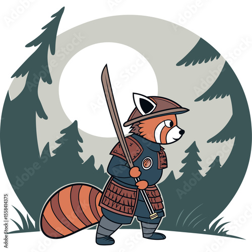 red panda in Chinese Korean warrior uniform and with a katana sward in flat color block vector illustration 
