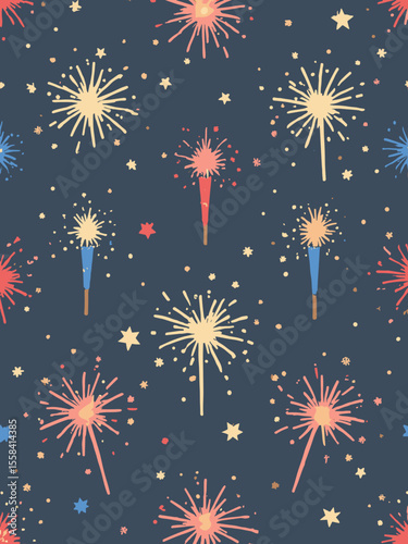 Flat vector pattern poster for the 4th of July with repeating icons of sparklers and stars, in charcoal gray, gold, red, and navy