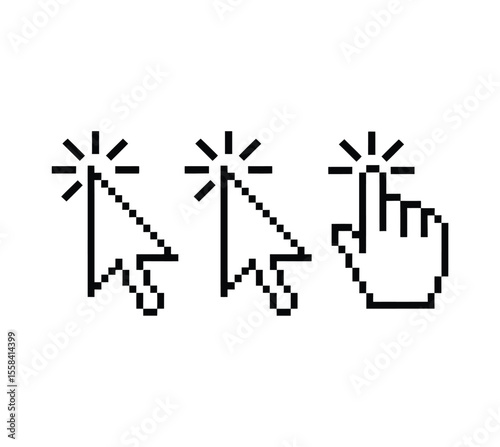 Pixel cursor pointer icons set. Computer mouse click arrow and hand. Pixel hand arrow logo vector isolated