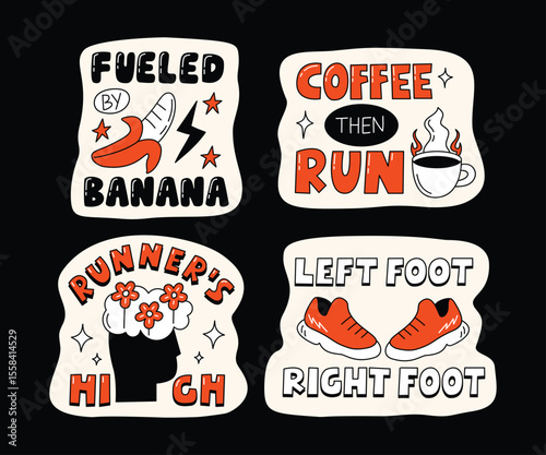 A collection of fun, motivational running-themed stickers with hand-drawn style, dynamic typography, and energetic characters, ideal for active lifestyle visuals.