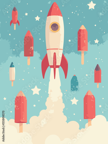 Playful 4th of July poster with a pattern of stylized rocket popsicles, in cherry red, blueberry blue, and milky white