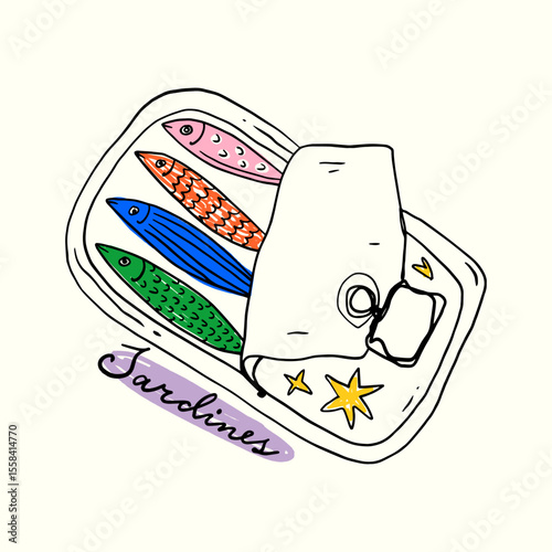 Whimsical Tinned Goods Can Of Sardines Canned Fish Food Colorful Seafood Illustration Vector Clip-art, Positive Vibe Artwork For T Shirt Print, Poster, Sticker And Other Uses