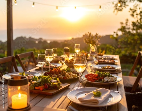 Outdoor dinner table at sunset