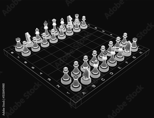 A 3D chessboard with black and white pieces arranged in traditional starting positions, set against a dark background. The detailed wooden texture and realistic lighting enhance the strategic game.