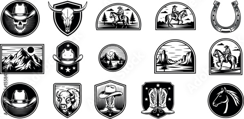 A collection of vintage western badges with cowboy skulls, desert landscapes, rodeo themes, and classic Western slogans. Perfect for stickers, t-shirts, branding, and other designs.