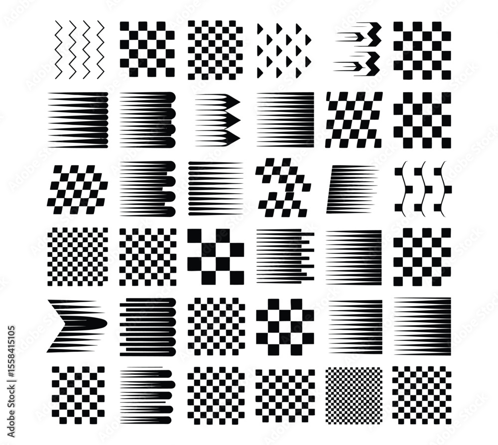 Obraz premium Racing cars and race car stripes set, checkered flag, finish line, motocross labels, dynamic lines, motorsport, racing stripe speed, automotive