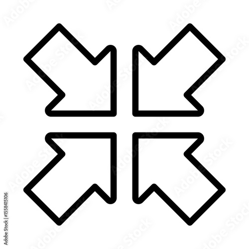 Minimize symbol linear icon. Four inward arrows. Symbol of midpoint, connection and focus. Convergence arrows. Thin line illustration. Contour symbol. Vector outline drawing. Editable stroke