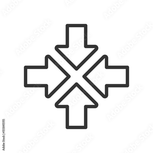 Inward arrows linear icon. Four arrows pointing inward toward center. Symbolizing convergence, focus. Thin line illustration. Contour symbol. Vector outline drawing. Editable stroke