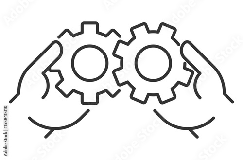 Collaboration linear icon. Hands holding gears. Symbol of teamwork and collective work. Process optimization. Thin line illustration. Contour symbol. Vector outline drawing. Editable stroke