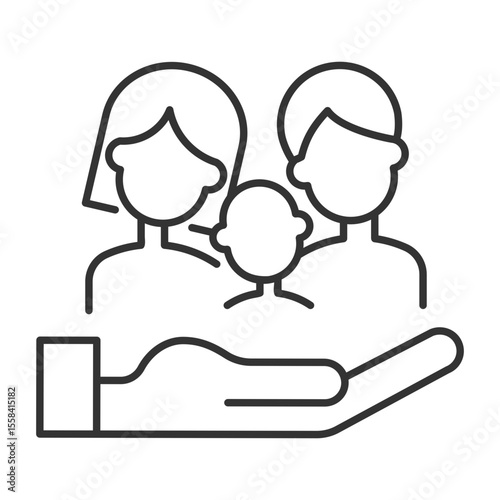 Family insurance linear icon. Provide social protection. Life insurance for family member. Social welfare. Thin line illustration. Contour symbol. Vector outline drawing. Editable stroke